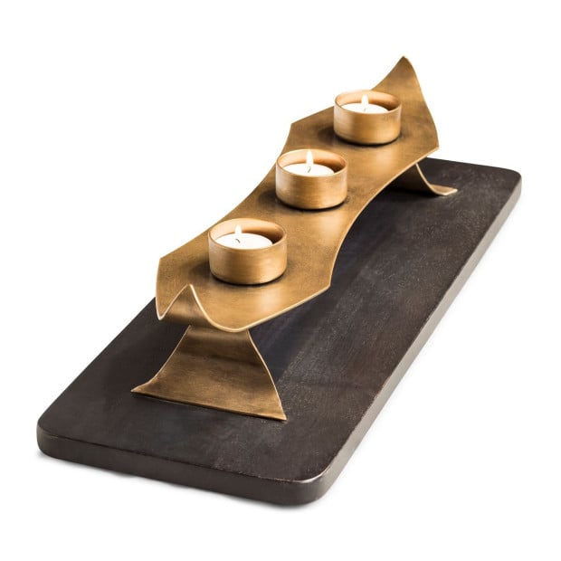 Decorative Black Gold Tea Light Metal Candle Holder Stand Wooden Base Image 2