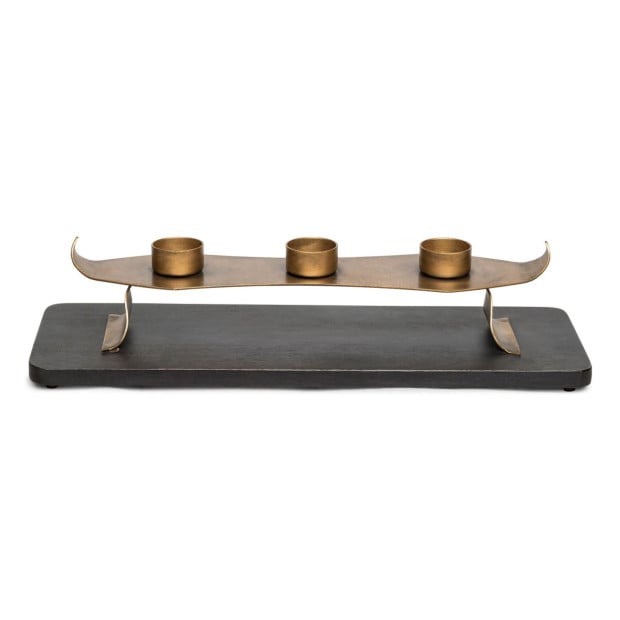 Decorative Black Gold Tea Light Metal Candle Holder Stand Wooden Base Image 3