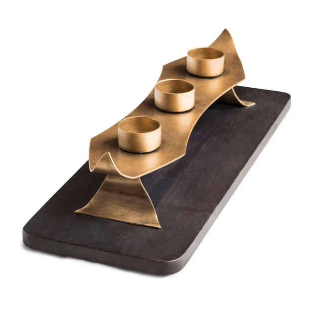 Decorative Black Gold Tea Light Metal Candle Holder Stand Wooden Base Image 4