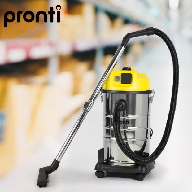 Pronti 30L Stainless Steel Industrial Wet Dry Vacuum Cleaner - Yellow