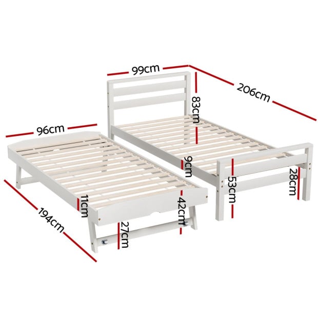 Bed Frame Single Size 2-in-1 Trundle Wooden White Avis Image 3
