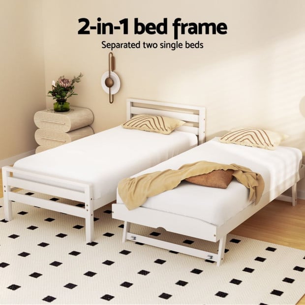 Bed Frame Single Size 2-in-1 Trundle Wooden White Avis Image 5