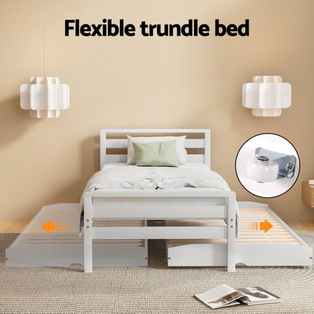 Bed Frame Single Size 2-in-1 Trundle Wooden White Avis Image 6
