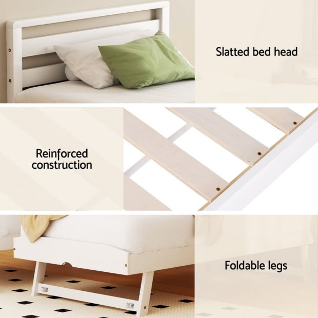 Bed Frame Single Size 2-in-1 Trundle Wooden White Avis Image 7