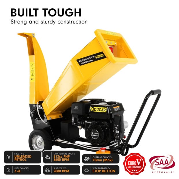 Ducar D70 7HP Wood Chipper Electric Start Shredder Mulcher Grinder - Yellow Image 6