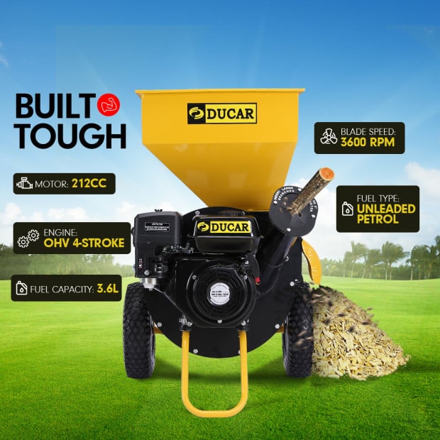 Ducar 7HP Wood Chipper Shredder Mulcher Petrol Yellow Black Image 6