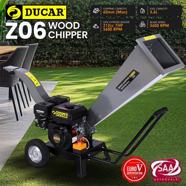 Ducar 7HP Wood Chipper Shredder Mulcher Grinder Petrol Silver