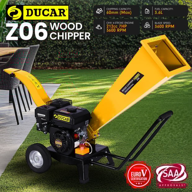 Ducar 7HP Wood Chipper Shredder Mulcher Grinder Petrol Yellow