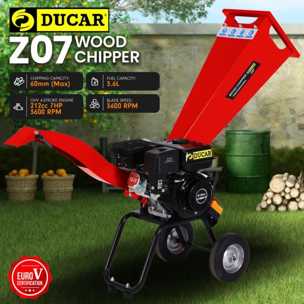 Ducar 7HP Wood Chipper Shredder Mulcher Grinder Petrol Red
