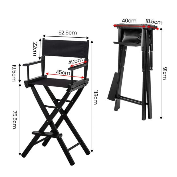 Sarantino Set of 2 Black Tall Directors Chair Beech Wood Frame with Canvas Seat Image 4