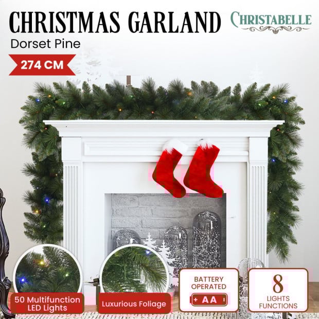 Christabelle 274cm Battery-Operated Christmas Garland with Multi-Function Lights - Dorset Pine