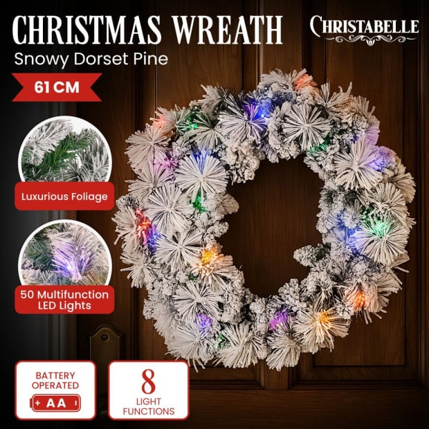 Christabelle 61cm Christmas Wreath Snowy Dorset Pine with Multi-Function LED Lights Tree Door Decoration Ornament Image 2