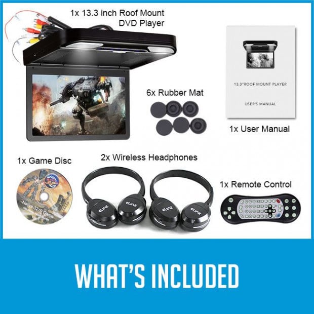 Elinz 13.3in Ips Roof Mount Car Dvd Player Flip Down Monitor Black Image 7