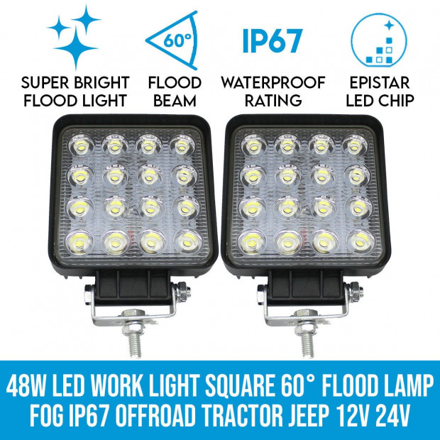 2x 4In Led Work Light Square 60 Flood Lamp 96w Ip67 Offroad Tractor