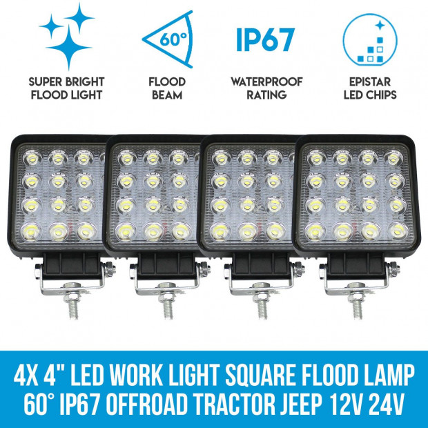 Elinz 4x 4in Led Work Light Square Flood Lamp 60 Ip67 Offroad 12v 24v