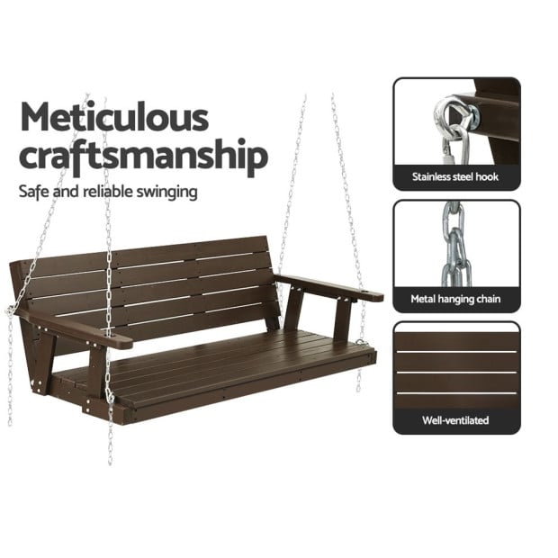Porch Swing Chair Chain Outdoor Furniture 3 Seater Bench Wooden Brown Image 6