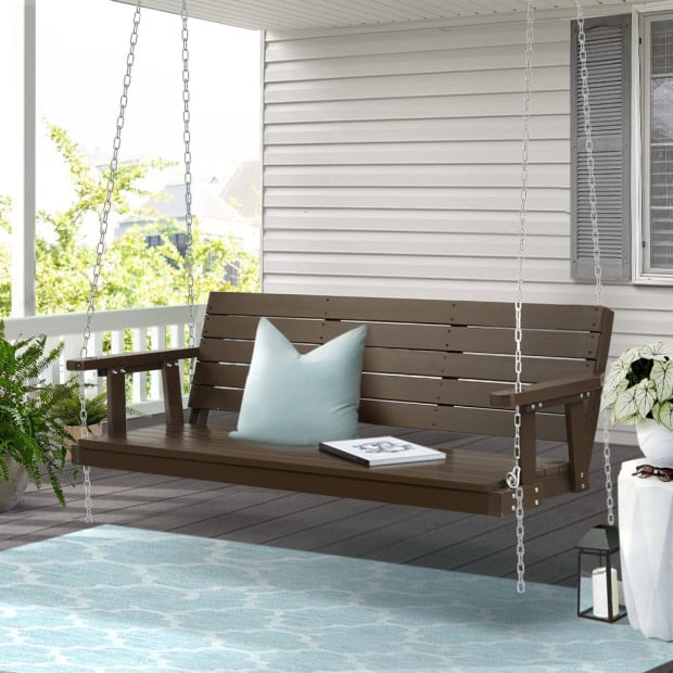 Porch Swing Chair Chain Outdoor Furniture 3 Seater Bench Wooden Brown Image 8