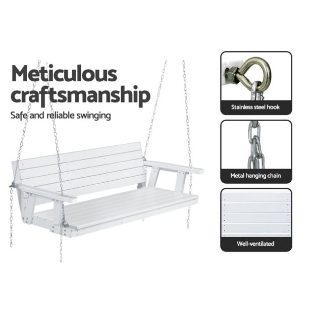 Porch Swing Chair With Chain Outdoor Furniture 3 Seater Bench Wooden White Image 6