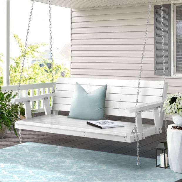 Porch Swing Chair With Chain Outdoor Furniture 3 Seater Bench Wooden White Image 8
