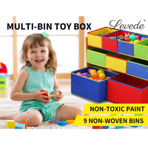 Kids Toy Box 9 Bins Storage Organiser Cabinet Wooden Bookcase 3 Tier Image 12