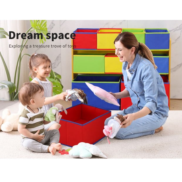 Kids Toy Box 9 Bins Storage Organiser Cabinet Wooden Bookcase 3 Tier Image 3