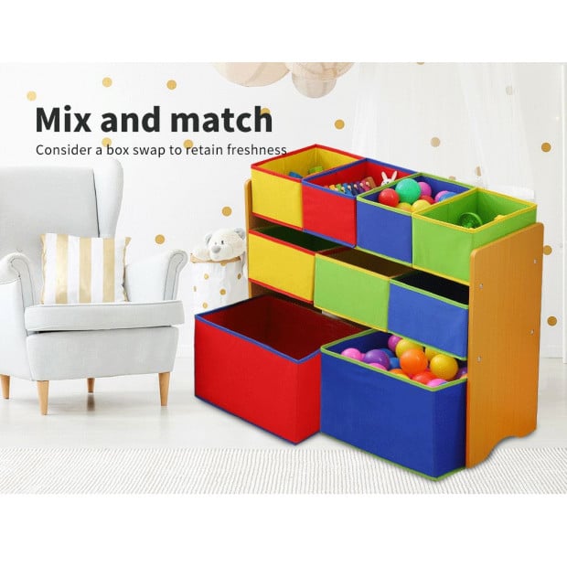 Kids Toy Box 9 Bins Storage Organiser Cabinet Wooden Bookcase 3 Tier Image 4