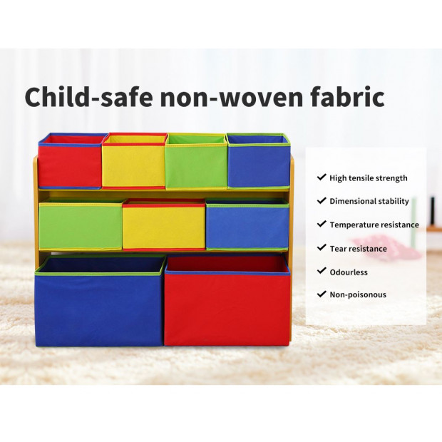 Kids Toy Box 9 Bins Storage Organiser Cabinet Wooden Bookcase 3 Tier Image 5