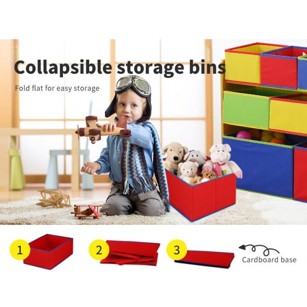 Kids Toy Box 9 Bins Storage Organiser Cabinet Wooden Bookcase 3 Tier Image 7
