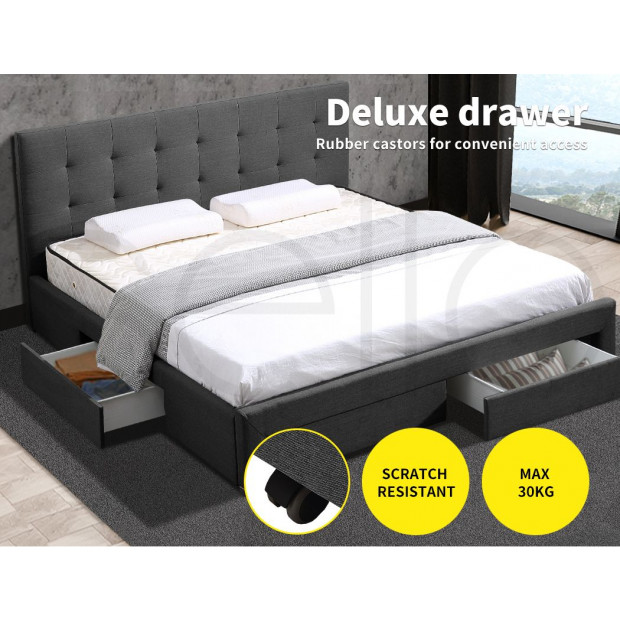 Bed Frame Mattress Base Storage Drawer Wooden Fabric Double Dark Grey Image 8