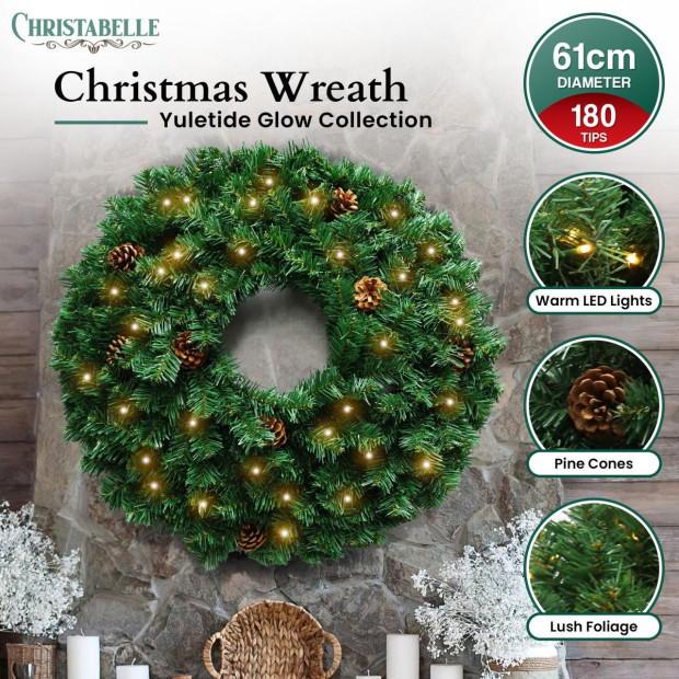 Christabelle 61cm Prelit Yuletide Glow Christmas Wreath with Pine Cones