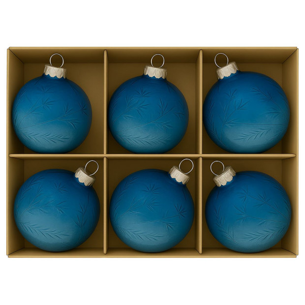 Christabelle Blue Glass Baubles 6Pcs with Etched Leaf Pattern Balls Christmas Tree Decoration Ornament Image 4