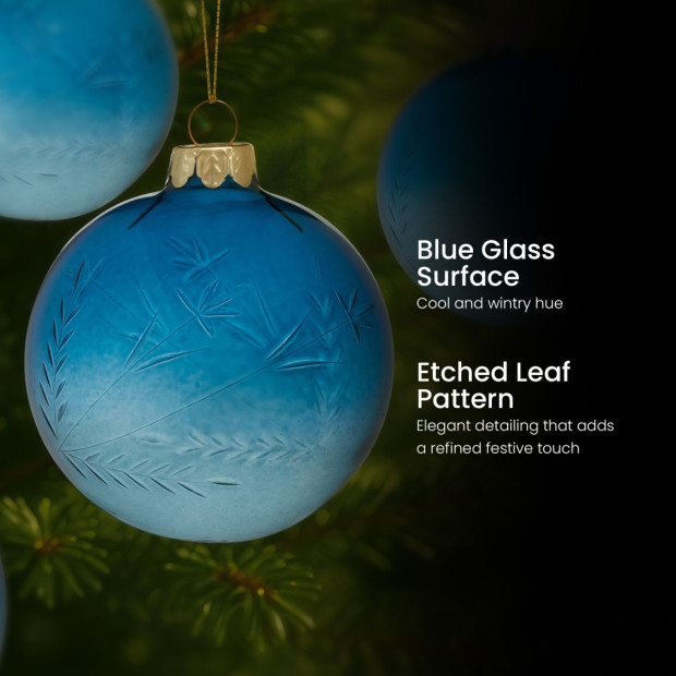 Christabelle Blue Glass Baubles 6Pcs with Etched Leaf Pattern Balls Christmas Tree Decoration Ornament Image 5