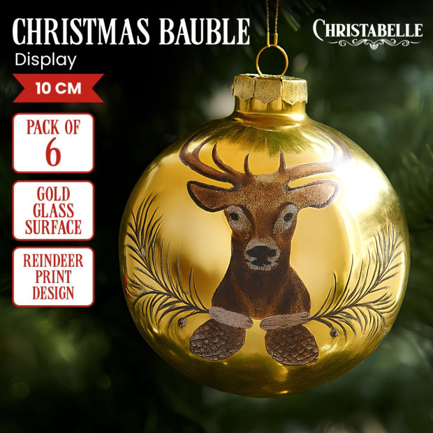 Christabelle Large Gold Glass Baubles 6Pcs with Reindeer Print Balls Christmas Tree Decoration Ornament Image 7