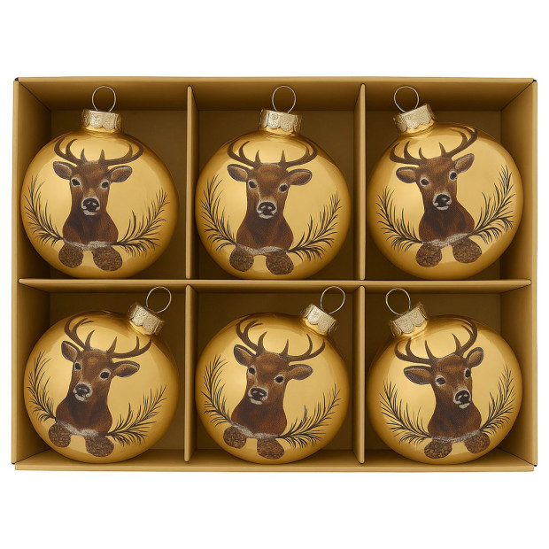 Christabelle Large Gold Glass Baubles 6Pcs with Reindeer Print Balls Christmas Tree Decoration Ornament Image 4