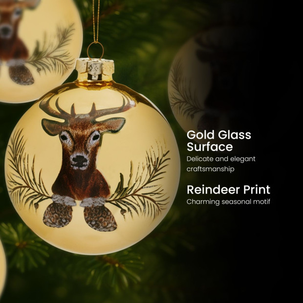 Christabelle Large Gold Glass Baubles 6Pcs with Reindeer Print Balls Christmas Tree Decoration Ornament Image 5