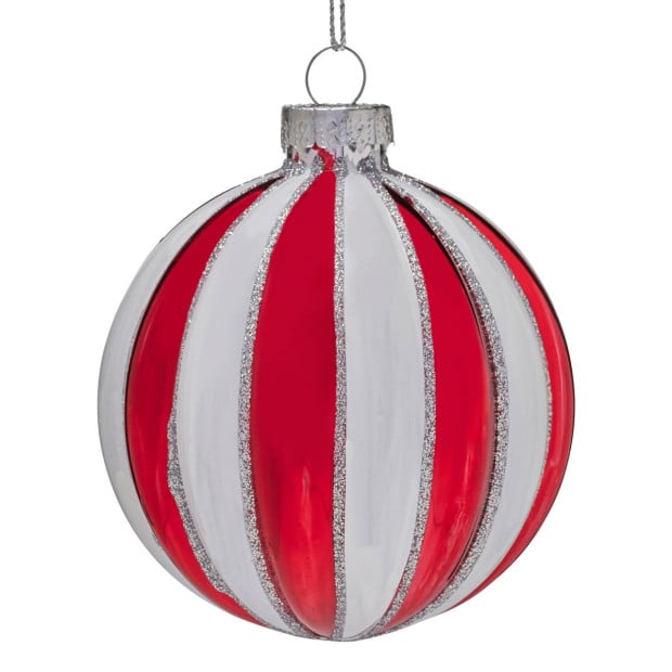 Christabelle Box of 6 Red & White Glass Baubles with Stripe Pattern Image 2