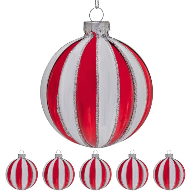 Christabelle Box of 6 Red & White Glass Baubles with Stripe Pattern Image 4