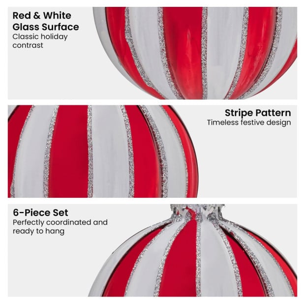 Christabelle Box of 6 Red & White Glass Baubles with Stripe Pattern Image 5