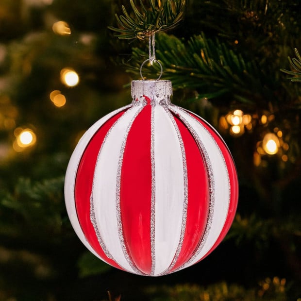 Christabelle Box of 6 Red & White Glass Baubles with Stripe Pattern Image 6