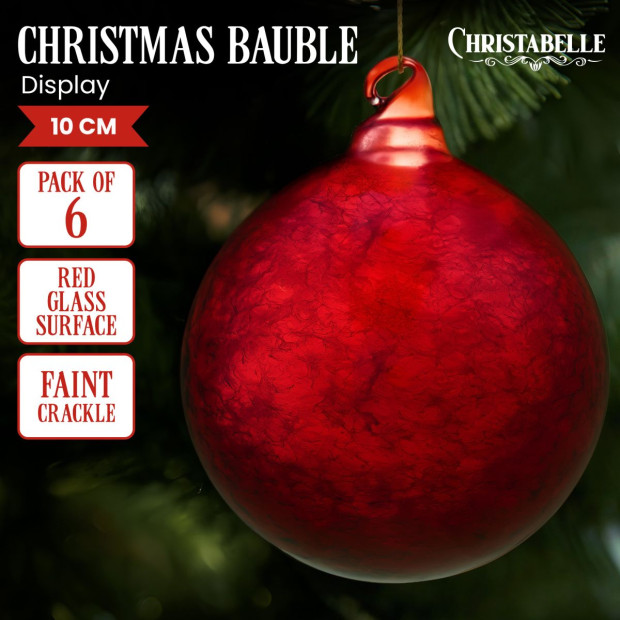 Christabelle Large Red Glass Baubles 6 Pcs with Faint Crackle Pattern Balls Christmas Tree Decoration Ornament Image 2