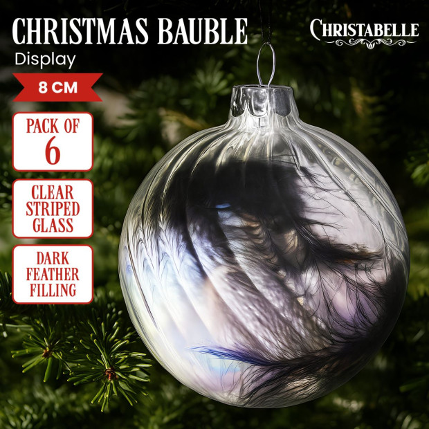 Christabelle Clear Striped Glass Baubles 6Pcs Filled with Feathers Balls Christmas Tree Decoration Ornament Image 2