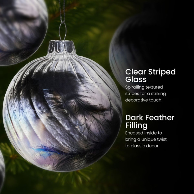 Christabelle Clear Striped Glass Baubles 6Pcs Filled with Feathers Balls Christmas Tree Decoration Ornament Image 6