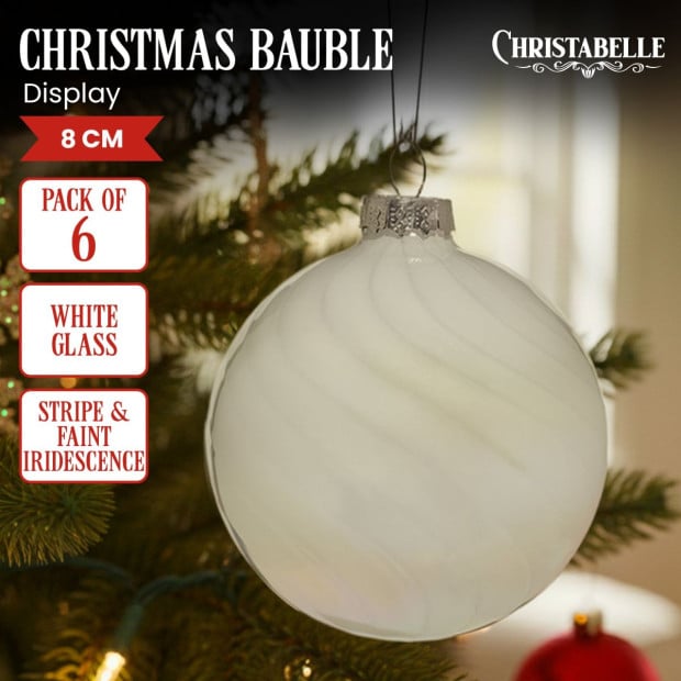 Christabelle Box of 6 White Glass Baubles with Stripe & Faint Iridescence