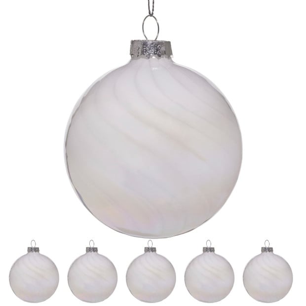 Christabelle Box of 6 White Glass Baubles with Stripe & Faint Iridescence Image 4