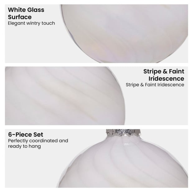 Christabelle Box of 6 White Glass Baubles with Stripe & Faint Iridescence Image 5