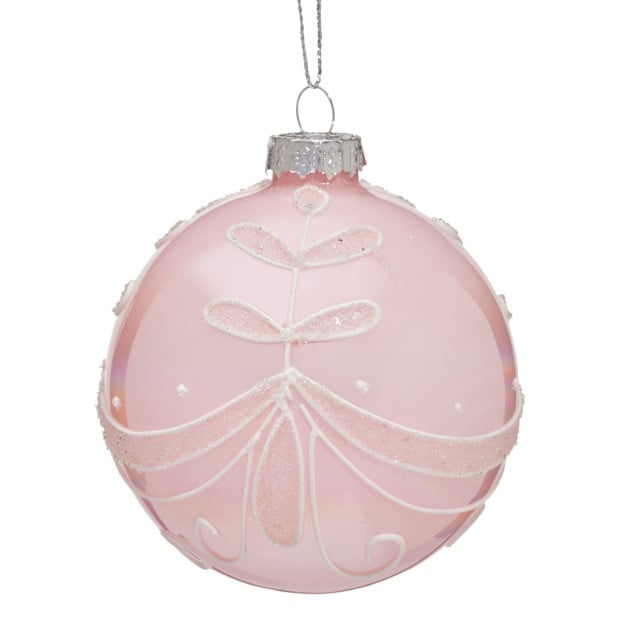 Christabelle Box of 6 Pink Glass Baubles with Glitter Floral Pattern Image 2