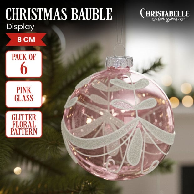 Christabelle Box of 6 Pink Glass Baubles with Glitter Floral Pattern