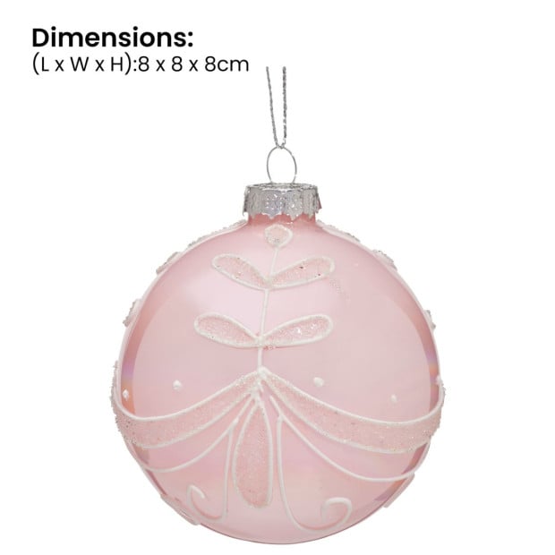 Christabelle Box of 6 Pink Glass Baubles with Glitter Floral Pattern Image 3