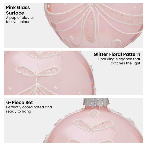 Christabelle Box of 6 Pink Glass Baubles with Glitter Floral Pattern Image 5