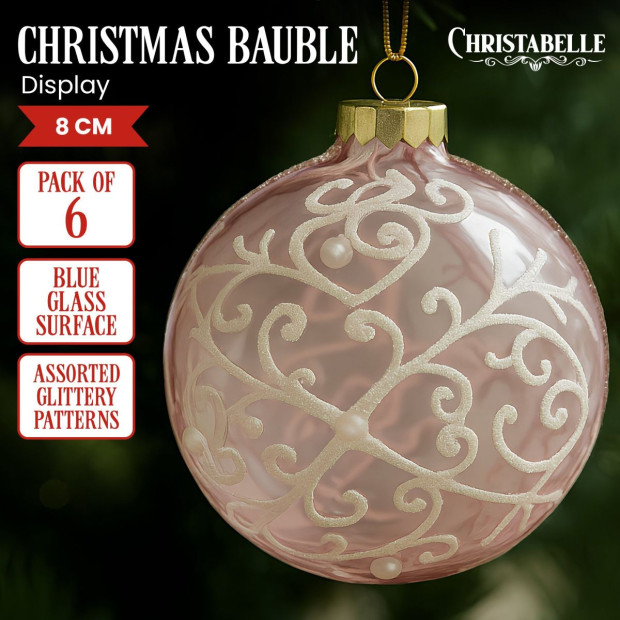Christabelle Pink Glass Baubles 6Pcs with White Pattern & Pearls Balls Christmas Tree Decoration Ornament Image 2